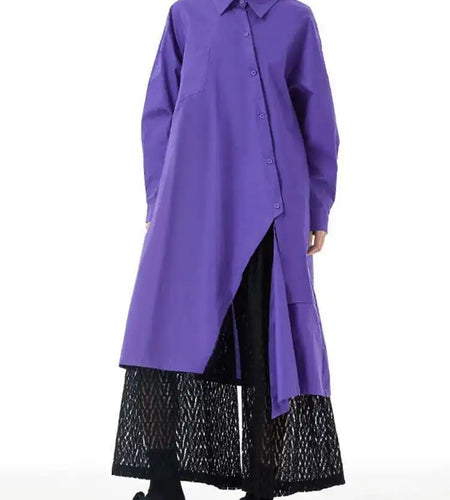 Women Purple Irregular Button Slit Big Size Shirt Dress New Lapel Long Sleeve Fashion Tide Spring Autumn 2025 1DH4827