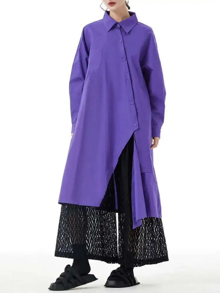 Women Purple Irregular Button Slit Big Size Shirt Dress New Lapel Long Sleeve Fashion Tide Spring Autumn 2025 1DH4827