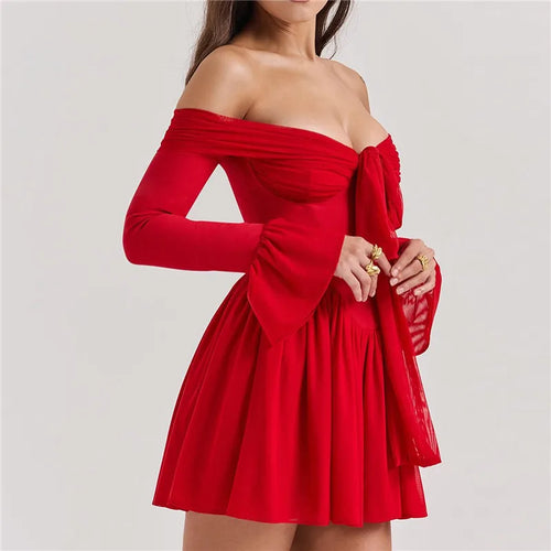 Load image into Gallery viewer, Elegant Strapless Backless Sexy Mini Dress For Women Red Off-shoulder Long Flare Sleeve Pleated Club Party Dress 2024
