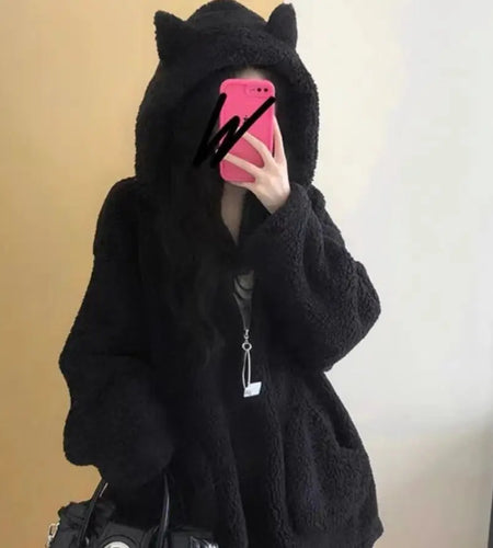 Streetwear Black Jackets Women's Lambhair Ear Hooded Sweatshirt Y2k Tops 2024 Ropa Mujer Casual Zipper Thicked Oversized Coat