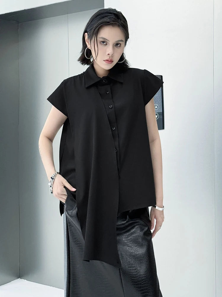 Women White Irregular Spliced Big Size Casual Blouse New Lapel Short Sleeve Shirt Fashion Tide Spring Summer 2025 1DJ1340