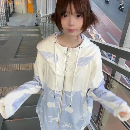 Load image into Gallery viewer, Streetwear Vintage Contrast Coats Women Loose Y2k Aesthetic Cartoon Print Jackets Casual Oversized Harajuku Kawaii Hoodies Top
