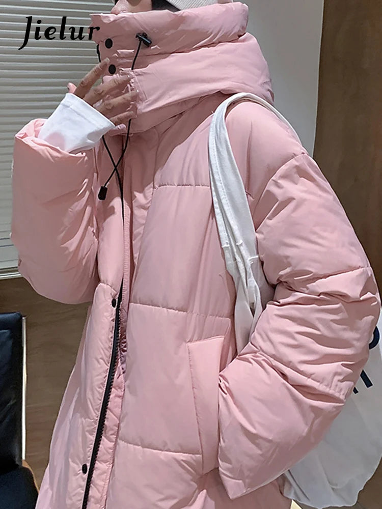 Khaki Winter Hooded Korean Style Female Parkas Loose Warm Zipper Solid Color Fashion Women's Parka Pink Long Down Coat