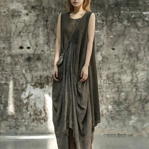 Load image into Gallery viewer, Women Orange Pleated Vintage Casual Dress New Round Neck Sleeveless Loose Fit Fashion Tide Spring Summer 2025 1DF6825
