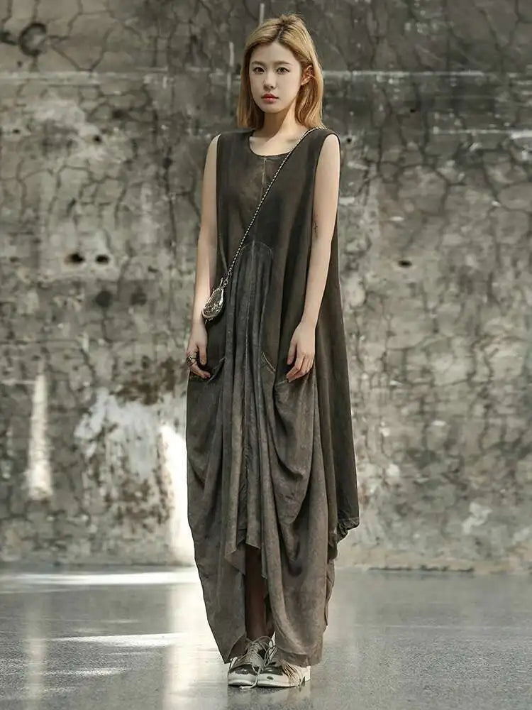 Women Orange Pleated Vintage Casual Dress New Round Neck Sleeveless Loose Fit Fashion Tide Spring Summer 2025 1DF6825