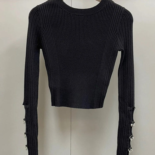 Load image into Gallery viewer, Slim Knitting Sweater For Women Round Neck Long Sleeve Patchwork Sequin Cut Out Solid Minimalist Pullover Females

