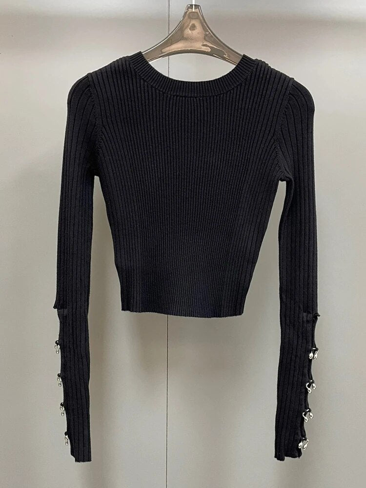Slim Knitting Sweater For Women Round Neck Long Sleeve Patchwork Sequin Cut Out Solid Minimalist Pullover Females
