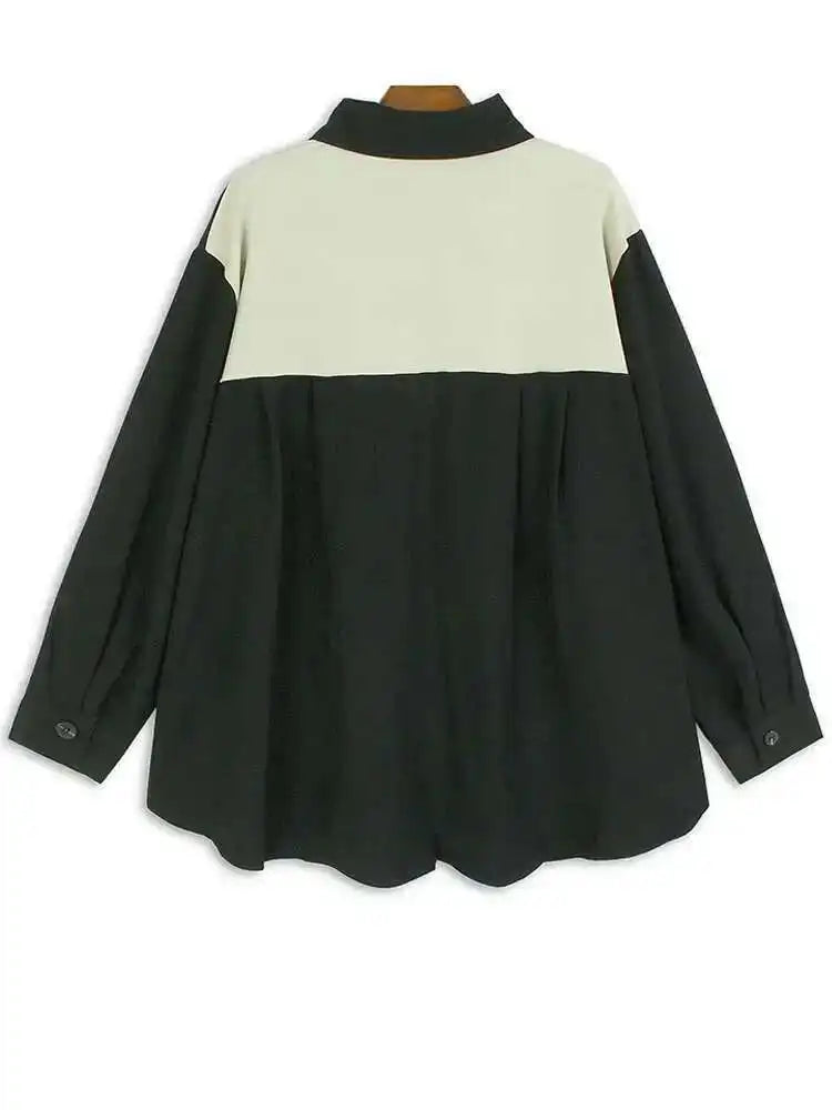 Women Green Color-block Pocket Big Size Casual Blouse New Lapel Long Sleeve Shirt Fashion Tide Spring Autumn 2025 1DH4567
