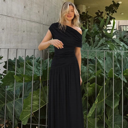 Load image into Gallery viewer, Incline Shoulder Backless Sexy Maxi Dress Women Summer New Fashion Sleeveless Pleated Ruched Club Party Long Dress
