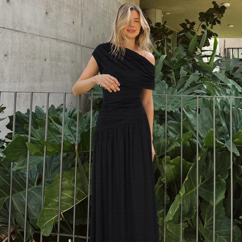 Incline Shoulder Backless Sexy Maxi Dress Women Summer New Fashion Sleeveless Pleated Ruched Club Party Long Dress