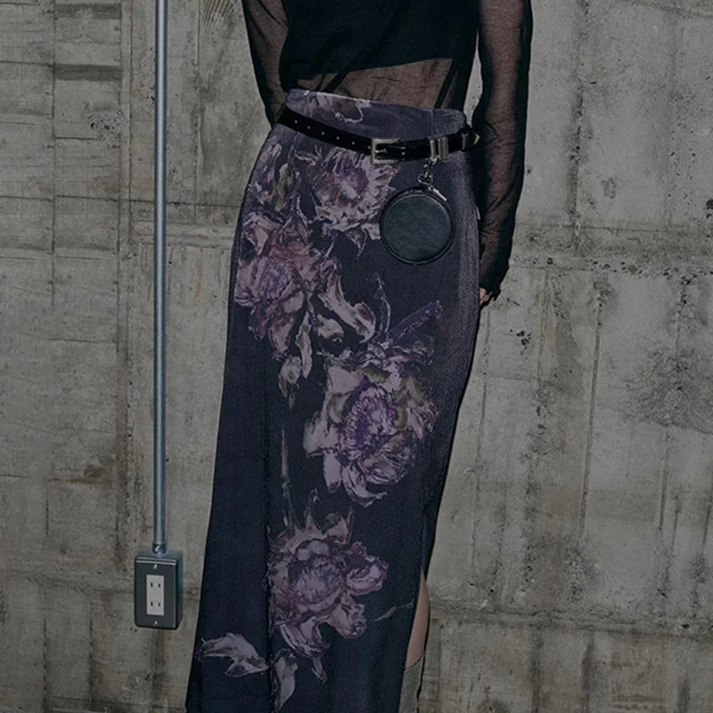 Vintage Flowers Printed Y2K Long Skirt Grunge Aesthetic Gothic Bodycon Women Skirt Side Split Elegant Dark Academia