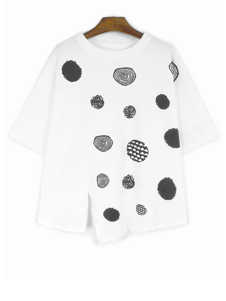 Women Black Dot Printed Irregular Big Size T-shirt New Round Neck Short Sleeve Fashion Tide Spring Summer 2025 1DH9970