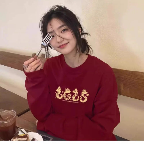 Load image into Gallery viewer, Autumn Winter New Red Letter Print Round Neck Velvet Sweatshirt Thick Korean Women's Loose Long Sleeved Vacation Cotton Tops Y2k
