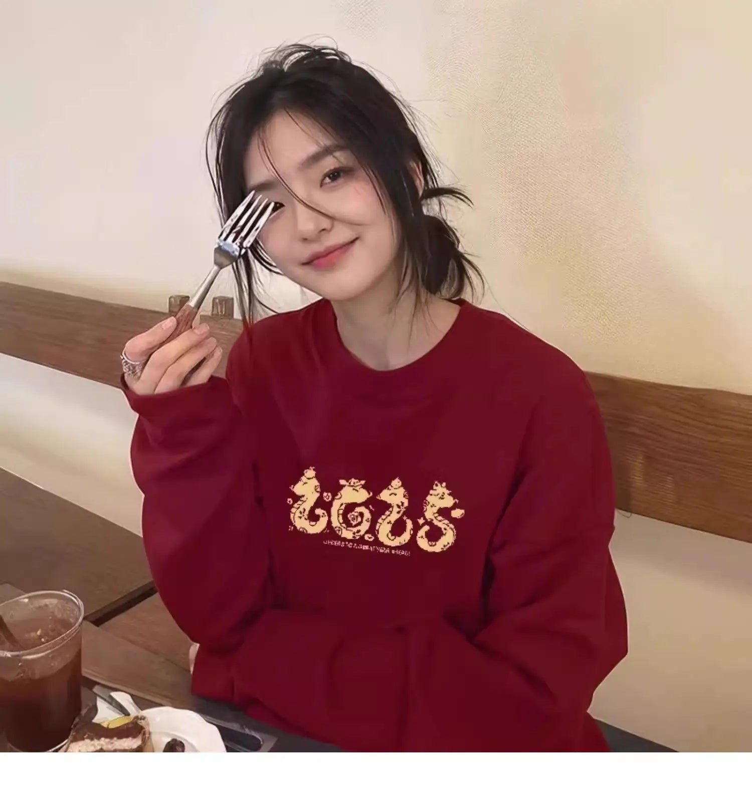 Autumn Winter New Red Letter Print Round Neck Velvet Sweatshirt Thick Korean Women's Loose Long Sleeved Vacation Cotton Tops Y2k