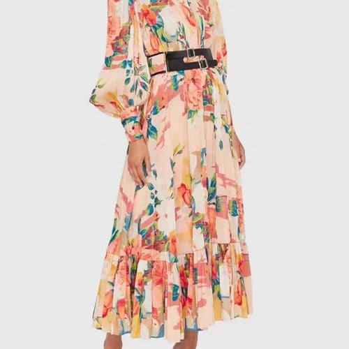 Load image into Gallery viewer, Print Floral Dress Female Stand Collar Lantern Sleeve Patchwork Belt A Line Midi Dresses For Woman Fashion Clothing 2022 New
