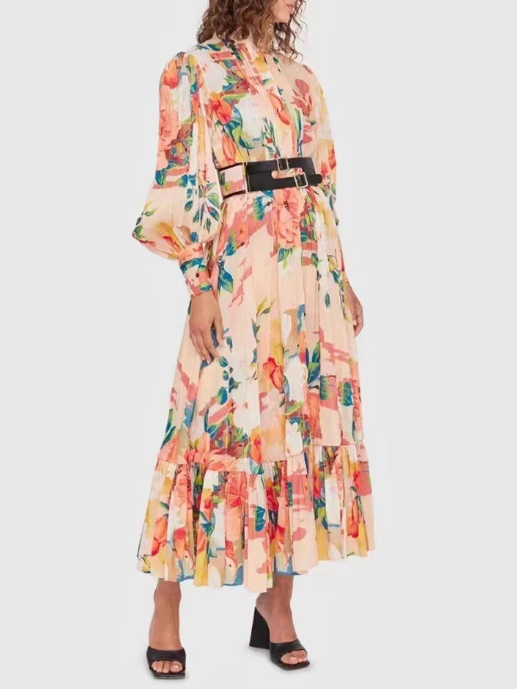 Print Floral Dress Female Stand Collar Lantern Sleeve Patchwork Belt A Line Midi Dresses For Woman Fashion Clothing 2022 New