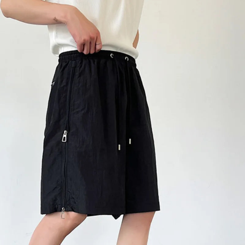 Minimalist Men's Casual Shorts Loose Lace-up Zippers Design Solid Color Loose Male Bottom New Trend Summer 9C6368