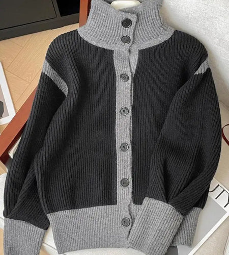French Vintage 2024 New Women Grey Patchwork Long Sleeved Crochet Sweater Autumn Winter Single Breasted Loose Cardigan Knit Tops