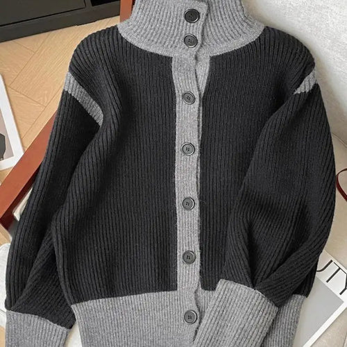 Load image into Gallery viewer, French Vintage 2024 New Women Grey Patchwork Long Sleeved Crochet Sweater Autumn Winter Single Breasted Loose Cardigan Knit Tops
