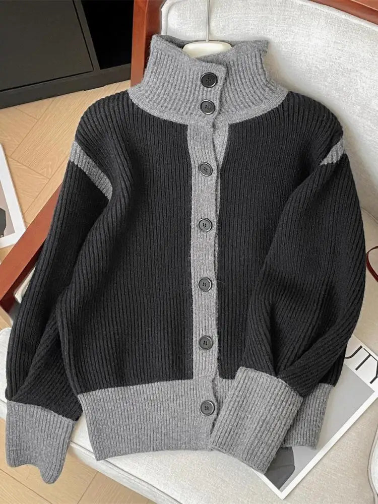 French Vintage 2024 New Women Grey Patchwork Long Sleeved Crochet Sweater Autumn Winter Single Breasted Loose Cardigan Knit Tops