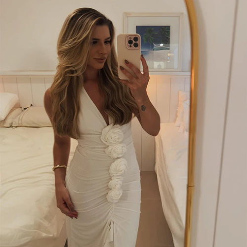 Load image into Gallery viewer, White Floral Ruched Sexy Maxi Dress For Women Gown Halter Deep V Neck Sleeveless Ruffled Bodycon Club Long Dress
