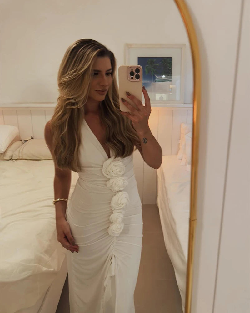 White Floral Ruched Sexy Maxi Dress For Women Gown Halter Deep V Neck Sleeveless Ruffled Bodycon Club Long Dress
