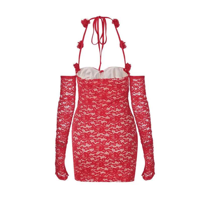 Red Lace Off-shoulder Sexy Mini Dress For Women Fashion Halter Strapless Long Sleeve Bodycon Club Party Sexy Dress