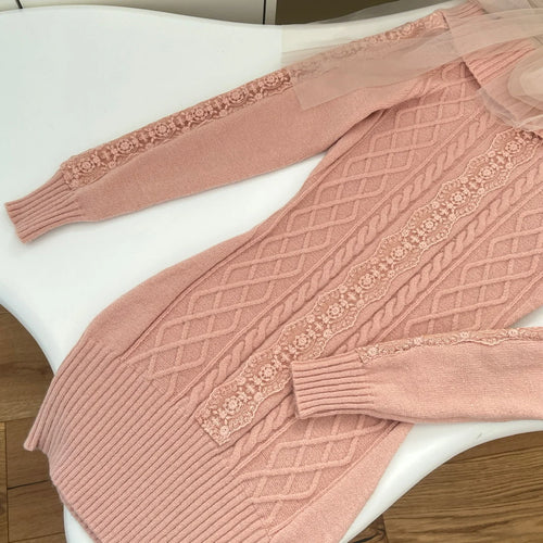 Load image into Gallery viewer, Autumn Winter New Pink Lace Off Shoulder Elegant Knit Dress Women Long Sleeve Slim French Vintage Festival Party Short Dresses
