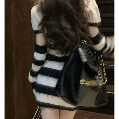 Load image into Gallery viewer, Knitted Sweater Striped Mini Bodycon Dress Women Autumn Winter Korean Style Kpop Casual Streetwear Short Dresses
