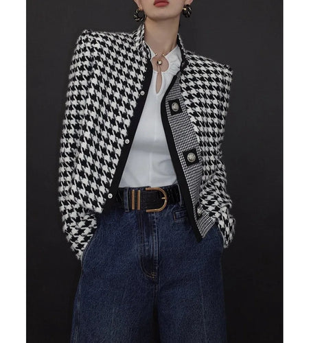 Women's Houndstooth Outerwears & Jacket Stand Collar Long Sleeves Autumn Winter Fall Clothes 2024 Women Classics Coat