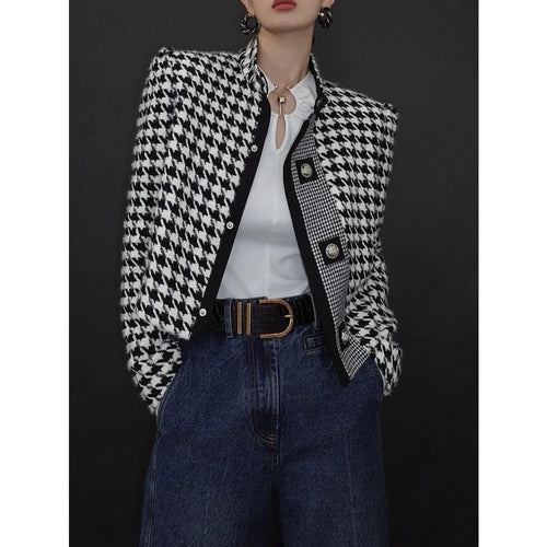 Load image into Gallery viewer, Women's Houndstooth Outerwears &amp; Jacket Stand Collar Long Sleeves Autumn Winter Fall Clothes 2024 Women Classics Coat
