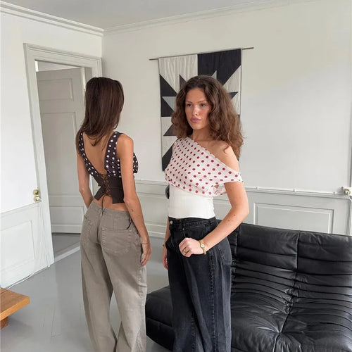 Load image into Gallery viewer, Backless Polka Dot Crop Tops Women Vest Fashion Summer New Oblique Shoulder Sleeveless Tank Tops Pullovers Female
