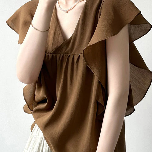 Load image into Gallery viewer, French Style Chic Brown Ruffles Women Blouse Flying Sleeve V-neck Solid Color Fashion Female Blouse Summer Elegant Tops
