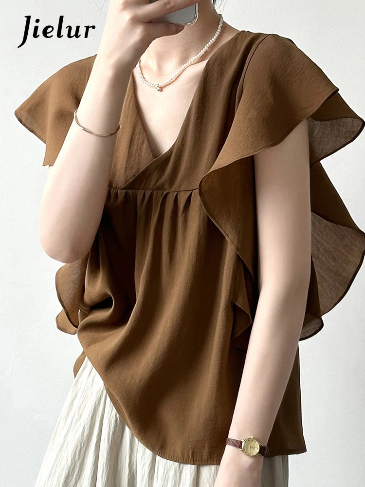 French Style Chic Brown Ruffles Women Blouse Flying Sleeve V-neck Solid Color Fashion Female Blouse Summer Elegant Tops