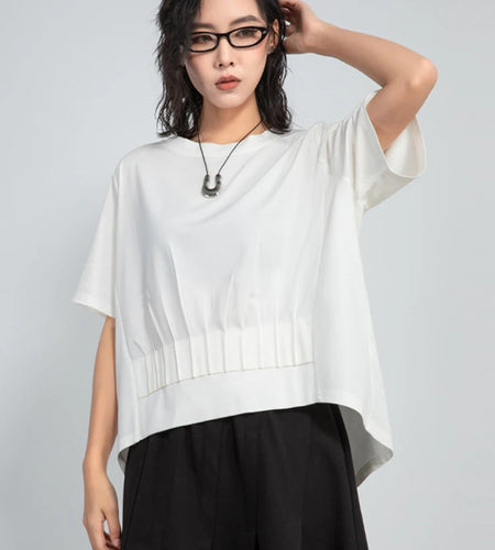 Women White Pleated Irregular Big Size Casual T-shirt New Round Neck Short Sleeve Fashion Tide Spring Summer 2025  1DJ0961