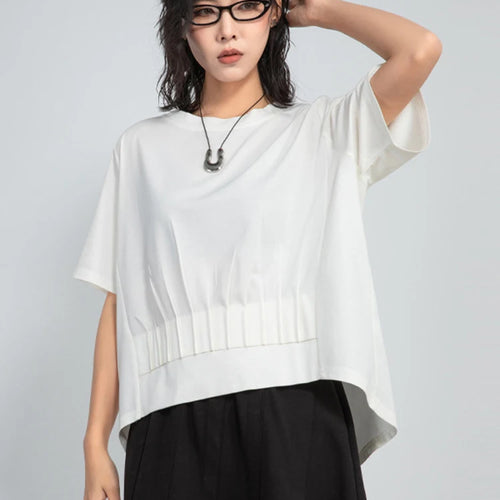 Load image into Gallery viewer, Women White Pleated Irregular Big Size Casual T-shirt New Round Neck Short Sleeve Fashion Tide Spring Summer 2025  1DJ0961
