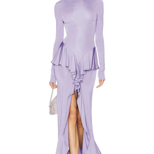 Load image into Gallery viewer, Backless Ruffled Sexy Maxi Dress For Women Gown Fashion O Neck Long Sleeve Thigh High Split Evening Long Dress Elegant
