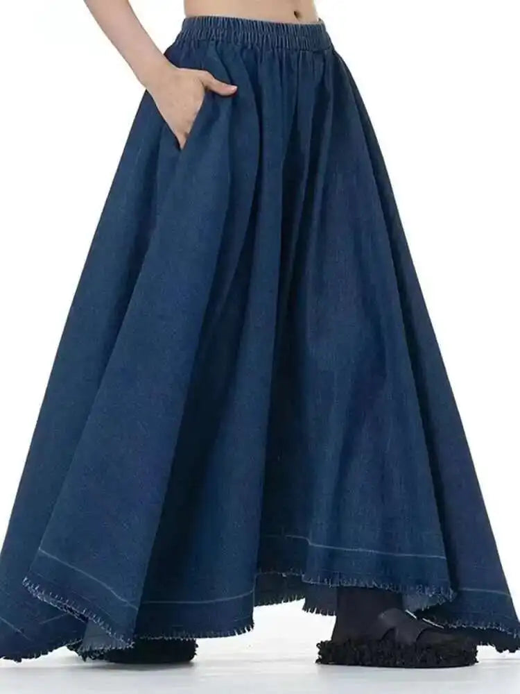 High Elastic Waist Black Denim Irregular Burr Denim Long Half-body Skirt Women Fashion Tide New Spring Autumn 2025 1DH8220
