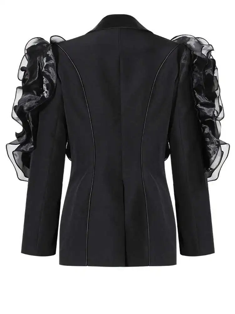 Women Black Ruffles Shaped Elegant Slim Blazer New Lapel Long Sleeve Jacket Fashion Tide Spring Autumn 2025 7AB8042