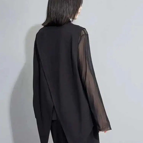 Load image into Gallery viewer, Women Black Mesh Perspective Irregular Thin T-shirt New Turtleneck Long Sleeve Fashion Tide Spring Autumn 2025 1DH7665
