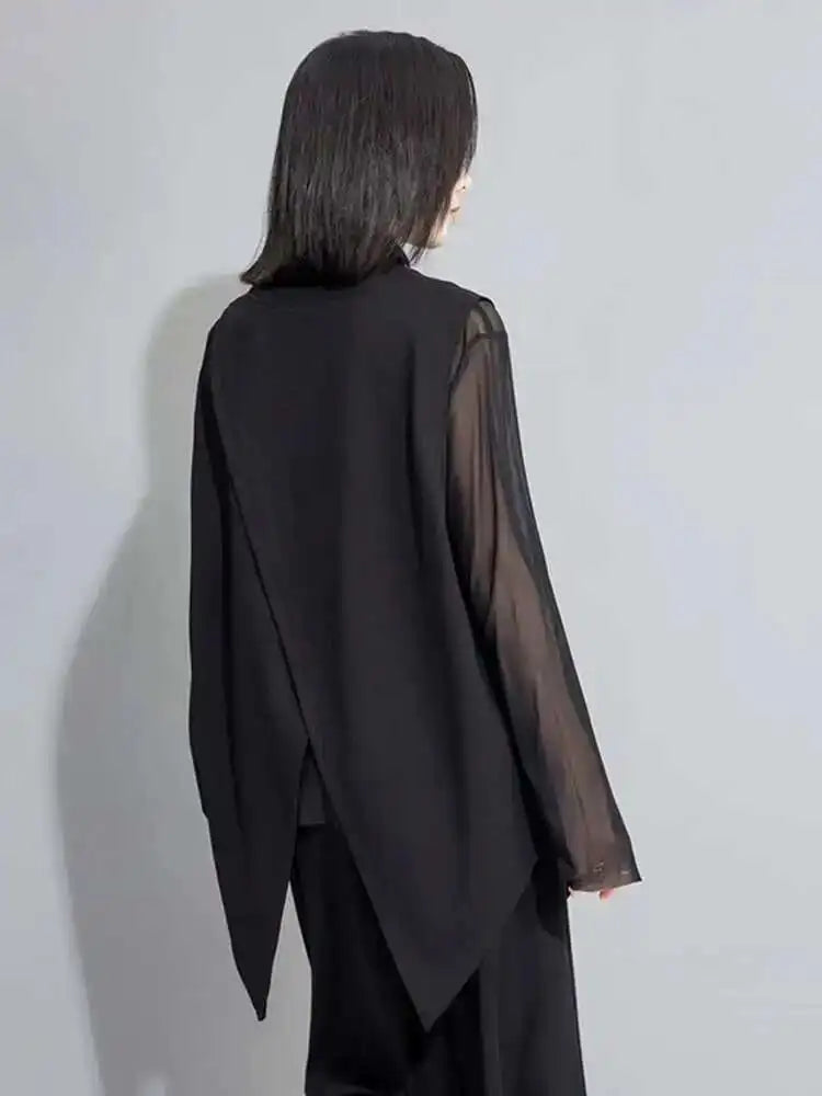 Women Black Mesh Perspective Irregular Thin T-shirt New Turtleneck Long Sleeve Fashion Tide Spring Autumn 2025 1DH7665