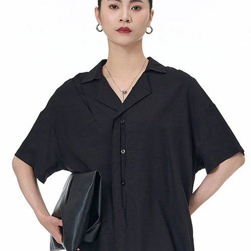 Load image into Gallery viewer, Women Black Color-block Burr Big Size Blouse New V-neck Short Sleeve Shirt Fashion Tide Spring Summer 2025 1DJ1493
