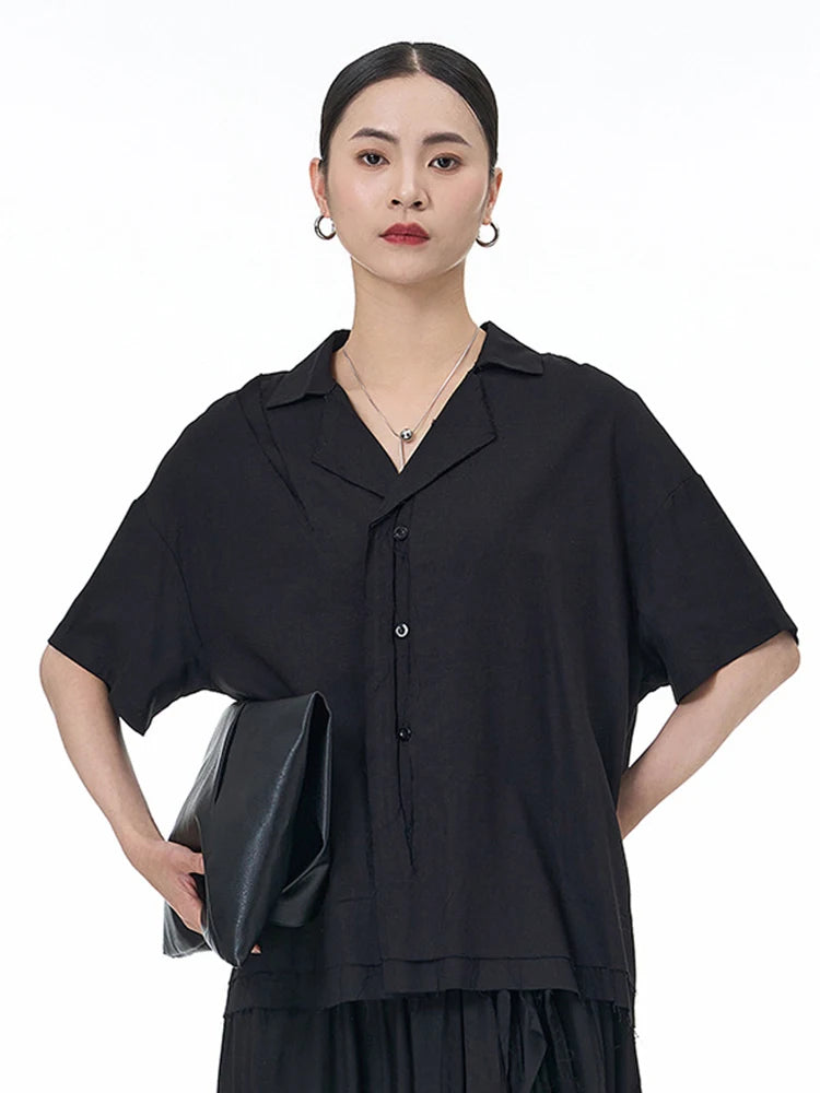 Women Black Color-block Burr Big Size Blouse New V-neck Short Sleeve Shirt Fashion Tide Spring Summer 2025 1DJ1493