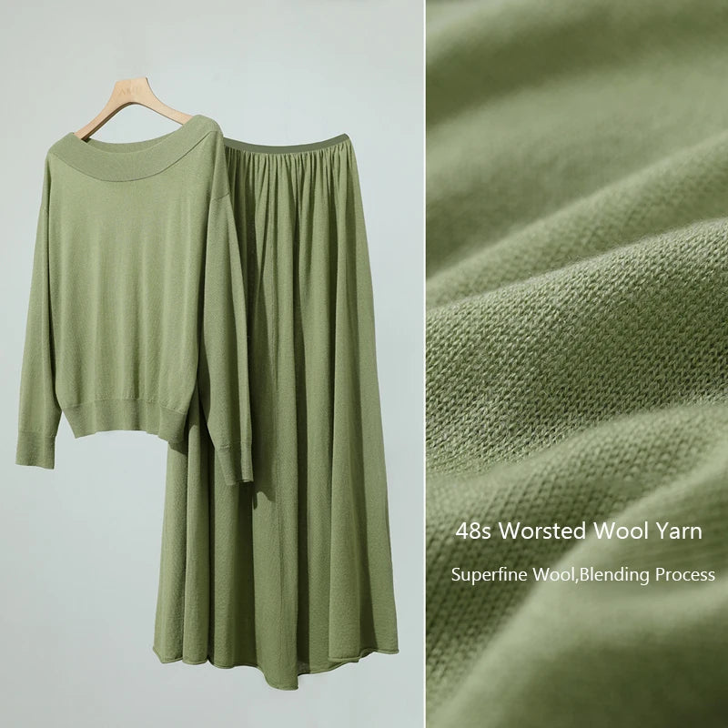 Long Skirt 2026 Spring New Minimalist Wool Knitted Sweater Long A-Line Skirt Casual Solid Women's Long Sleeve Top 12651009