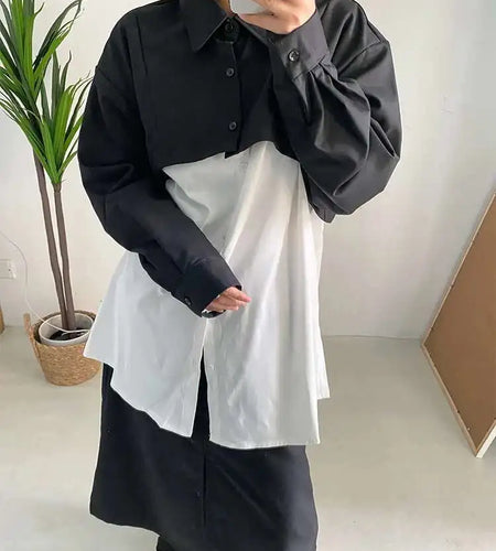 Women Black Short Irregular Big Size Blouse New Lapel Long Sleeve Loose Fit Shirt Fashion Tide Spring Autumn 2025 1DF0350