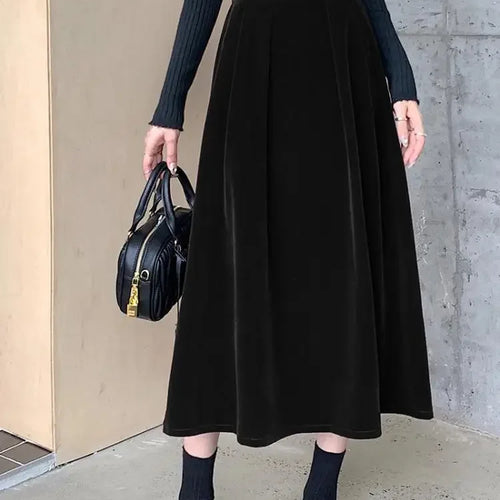 Load image into Gallery viewer, Autumn Winter Warm Vintage Red Elegant Velvet A-line Skirt For Women 2024 High Waist Casual Black Party Pleated Big Swing Skirts
