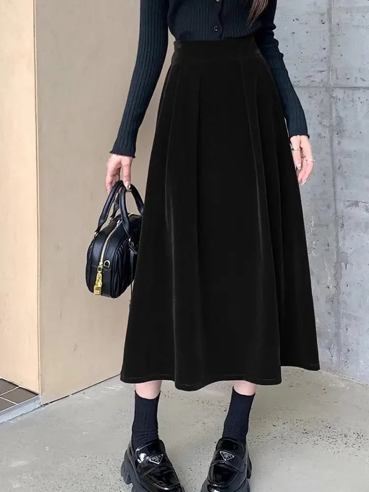 Autumn Winter Warm Vintage Red Elegant Velvet A-line Skirt For Women 2024 High Waist Casual Black Party Pleated Big Swing Skirts