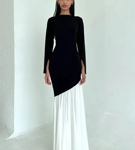 Fashion Long Sleeved Patchwork Bodycon Women Dress Round Neck Slim Elastic Autumn Winter New 2024 Pleated Maxi Vestido