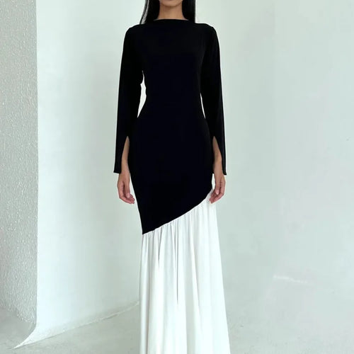 Load image into Gallery viewer, Fashion Long Sleeved Patchwork Bodycon Women Dress Round Neck Slim Elastic Autumn Winter New 2024 Pleated Maxi Vestido
