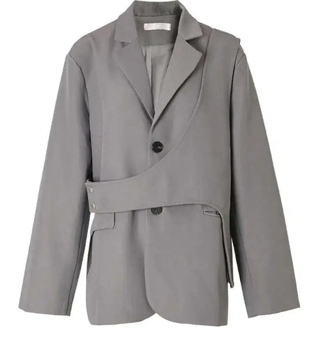 Women Gray Irregular Big Size Blazer New Lapel Long Sleeve Loose Fit Jacket Fashion Tide Spring Autumn 2025 1DF3051